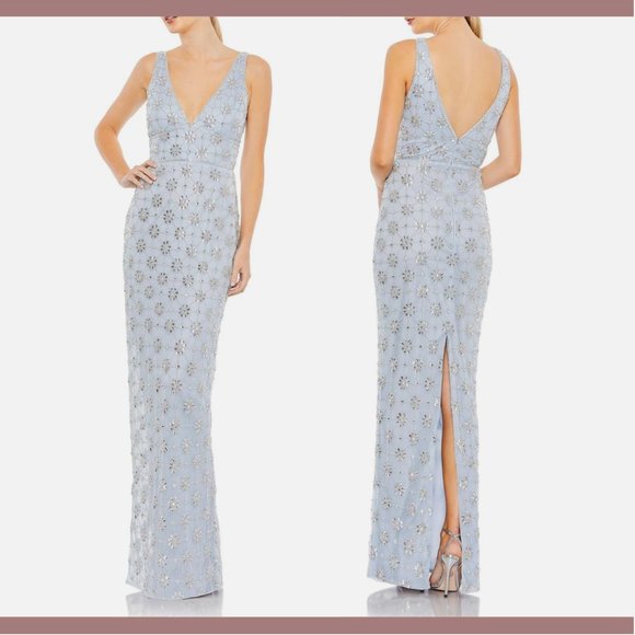 NWT Mac Duggal [ 18 ] Sleeveless Hand Beaded Floral V-Neck Gown Powder‎ Blue - Picture 2 of 16